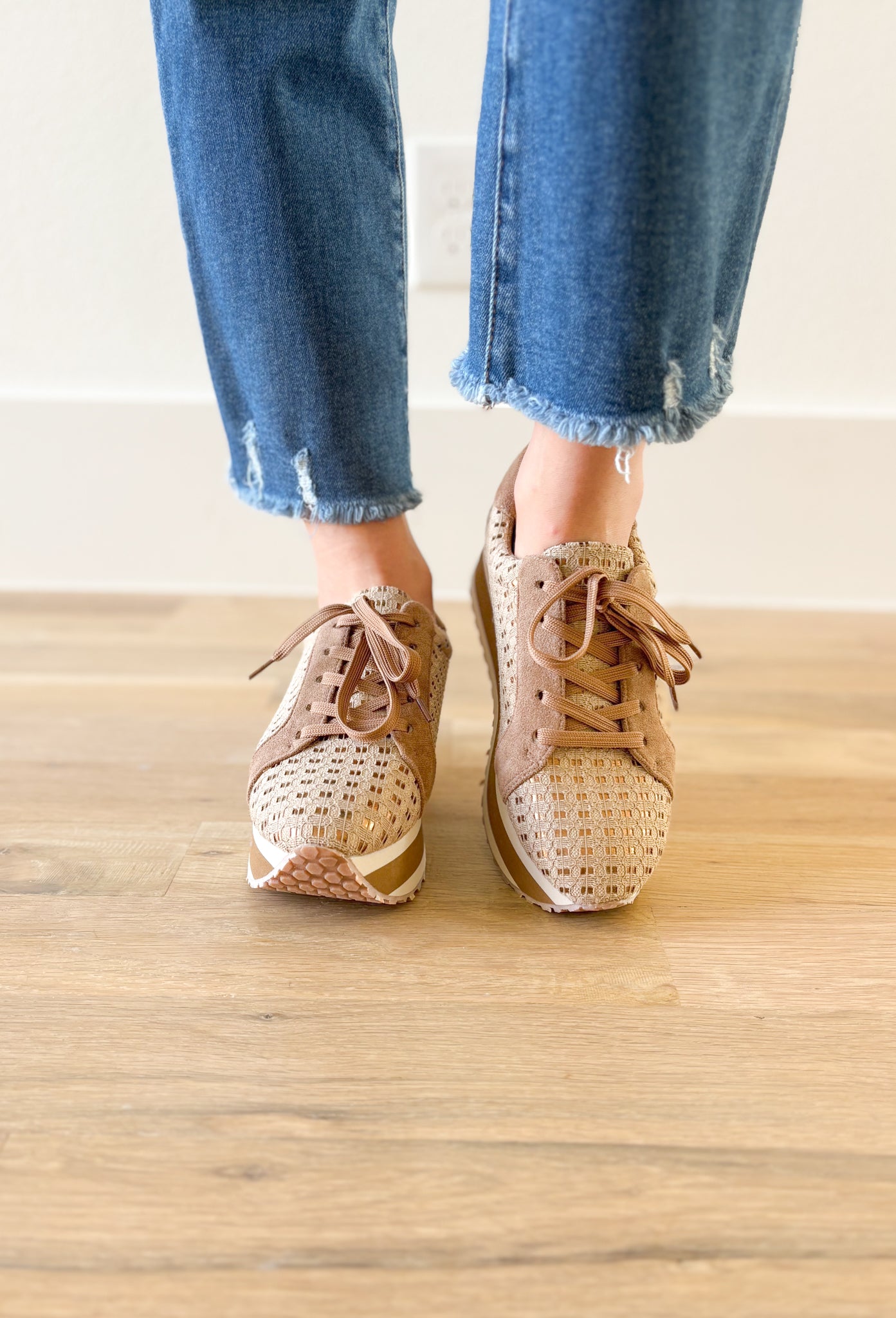 Paloma Platform Sneaker in Taupe, textured taupe platform sneaker, suede  taupe on the heel and center of the shoe, white and taupe striped platform 