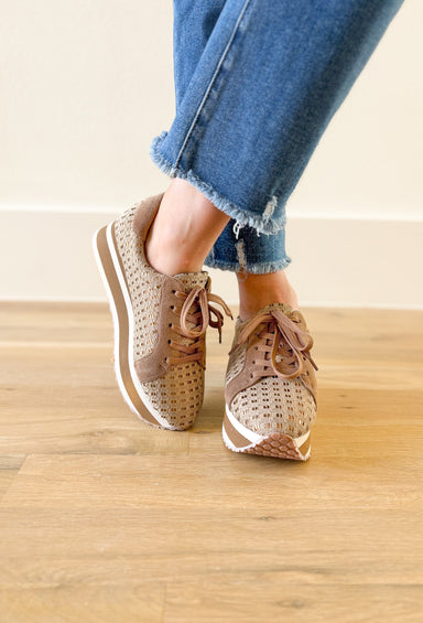 Paloma Platform Sneaker in Taupe, textured taupe platform sneaker, suede  taupe on the heel and center of the shoe, white and taupe striped platform 