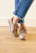 Paloma Platform Sneaker in Taupe, textured taupe platform sneaker, suede  taupe on the heel and center of the shoe, white and taupe striped platform 