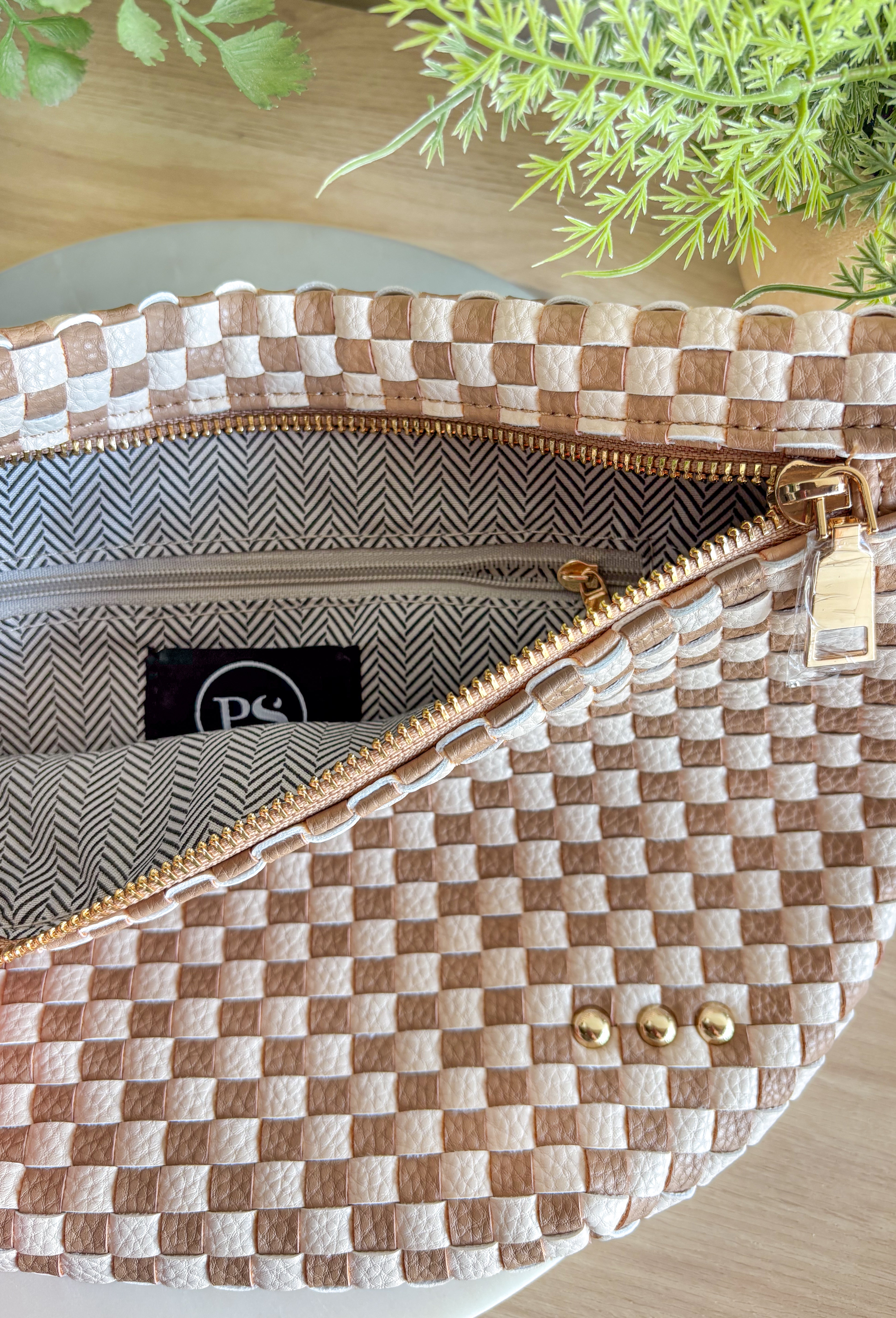 Pretty Simple Woven Westlyn Bum Bag in Woven Checkered Tan - Groovy's