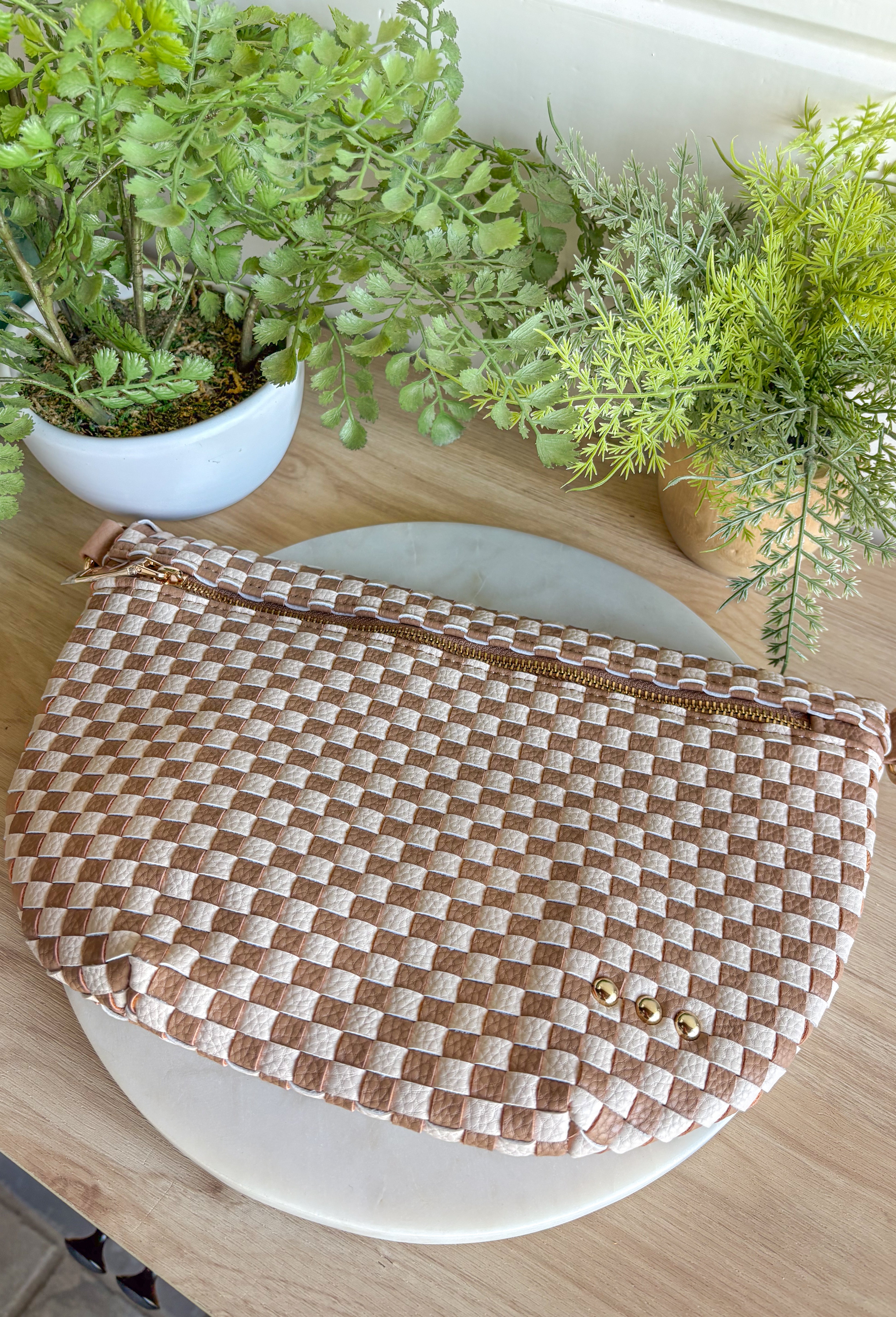 Pretty Simple Woven Westlyn Bum Bag in Woven Checkered Tan - Groovy's