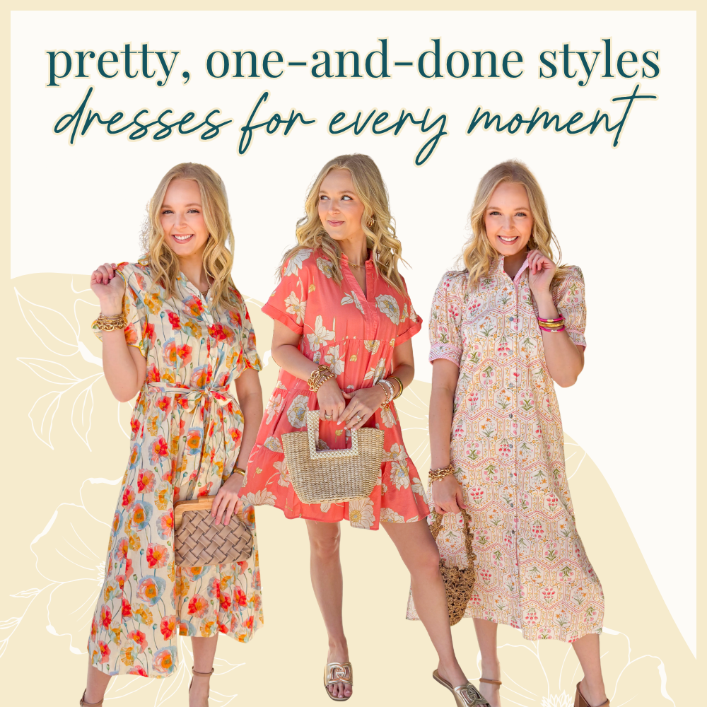 pretty, one-and-done styles: dresses for every moment. Floral printed dresses in mini and midi styles in colors of pink and coral.