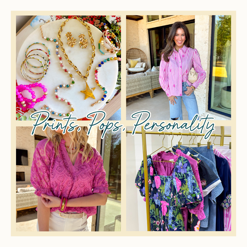 Collage of fashion items including bright colored jewelry and clothing for spring and summer with text that says, "prints, pops personality".