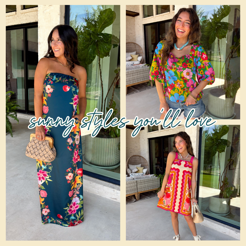 Sunny styles you'll love. Model wearing a satin strapless navy dress with bright tropical floral print. Model wearing a bright floral printed puff sleeve top styled with denim shorts. Model wearing a bright printed sleeveless dress in pink, cream and orange.