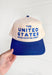 Friday + Saturday: Birthplace Of The Cowboy Trucker Hat in Blue, Royal Blue and Cream baseball styled trucker hat with "the united states birthplace of the cowboy" embroidered in royal blue 