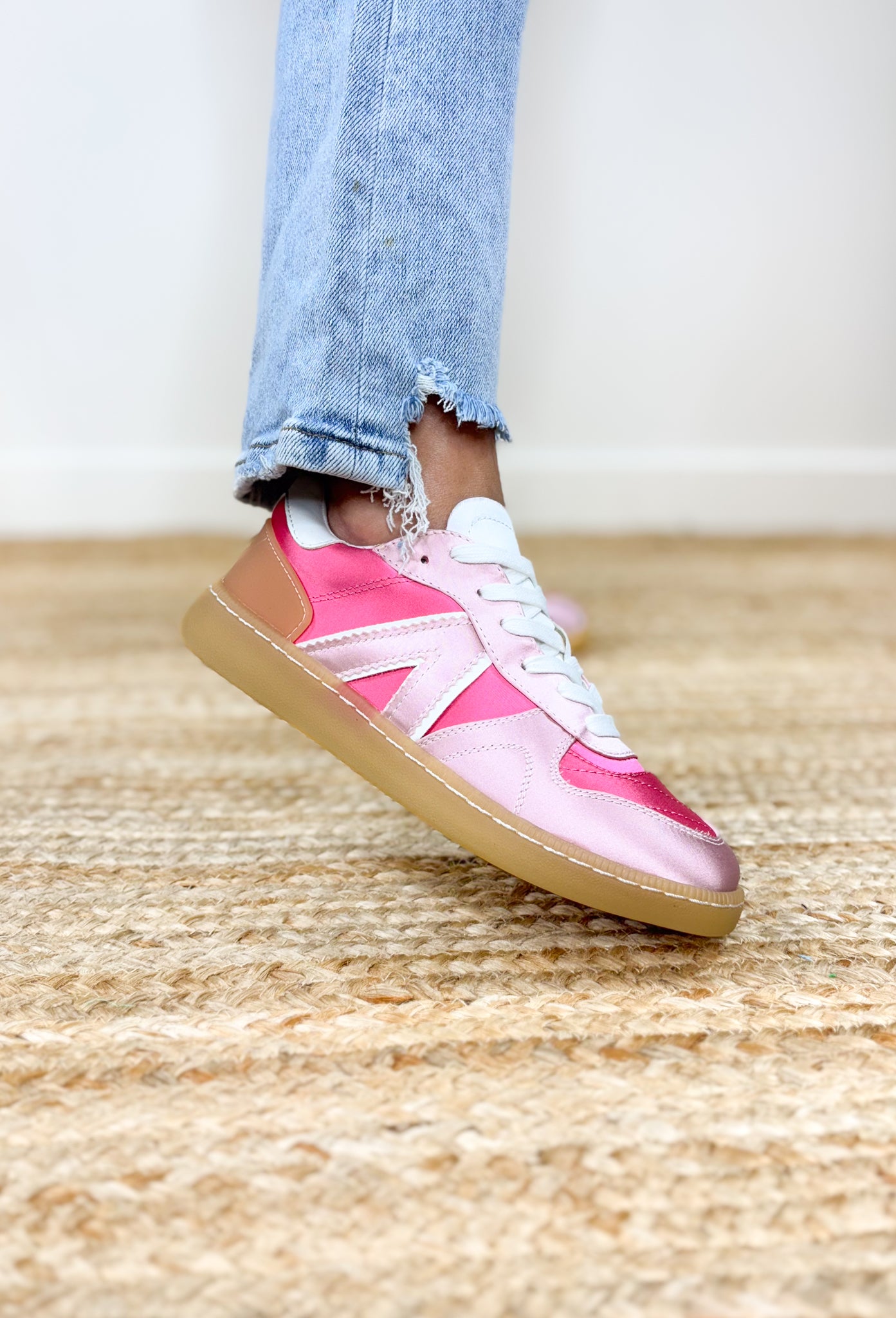 Vesta Sneaker in Pink, Hot Pink and Light Pink metallic sneakers with white laces and gum soles