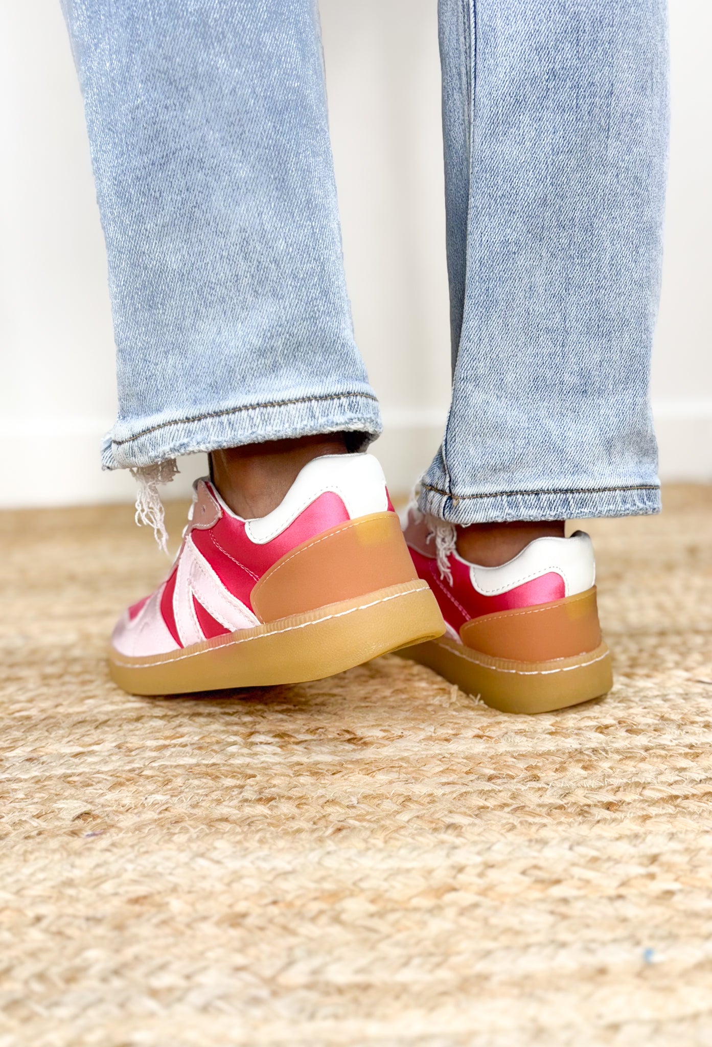 Vesta Sneaker in Pink, Hot Pink and Light Pink metallic sneakers with white laces and gum soles