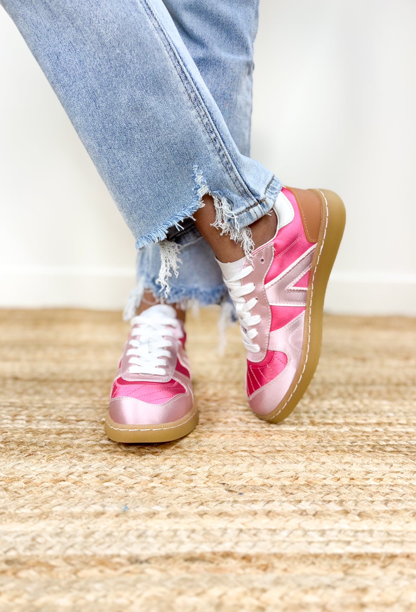 Vesta Sneaker in Pink, Hot Pink and Light Pink metallic sneakers with white laces and gum soles