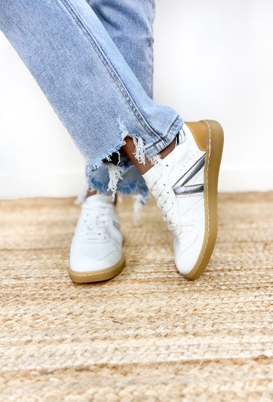 Vesta Sneaker in White, White and Silver metallic sneakers with white laces and gum sole