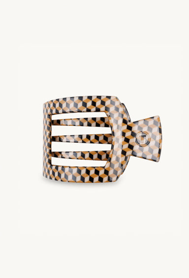 TELETIES Medium Flat Square Clip- Gone Glamping, geometric cube pattern claw clip in the colors cognac, black, and cream 