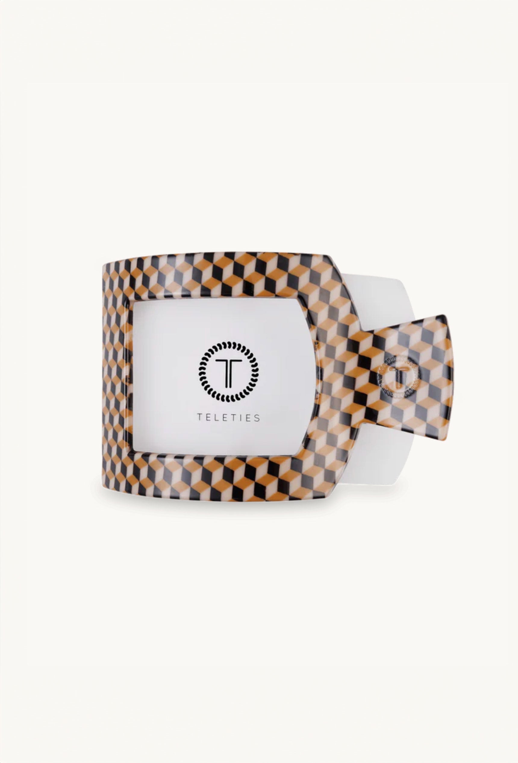 TELETIES Medium Flat Square Clip- Gone Glamping, geometric cube pattern claw clip in the colors cognac, black, and cream 