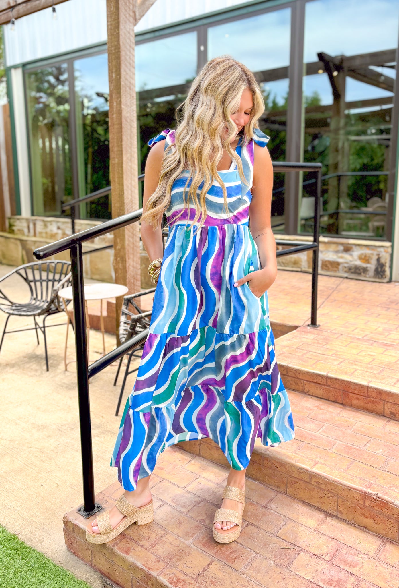Deserve More Midi Dress, tie strap square neck tiered dress with cobalt blue, purple, light blue, blue gray, turquoise, and white squiggly lines 