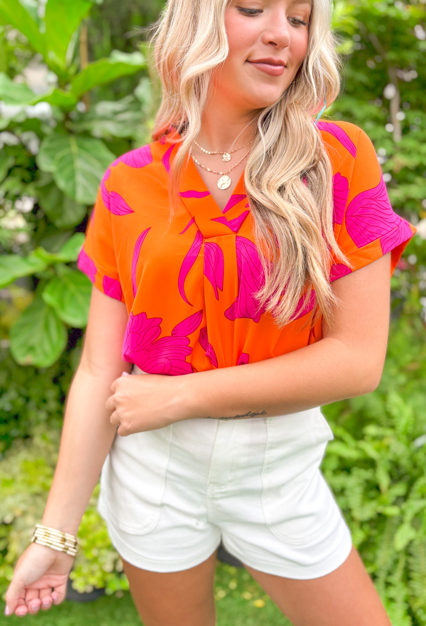 Embracing Change Blouse, bright orange and hot pink enlarged floral v-neck blouse 