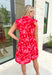 Feeling Flirty Floral Dress in Red, ruffle sleeve tiered dress in red with a bright pink floral print, collar and v-neck