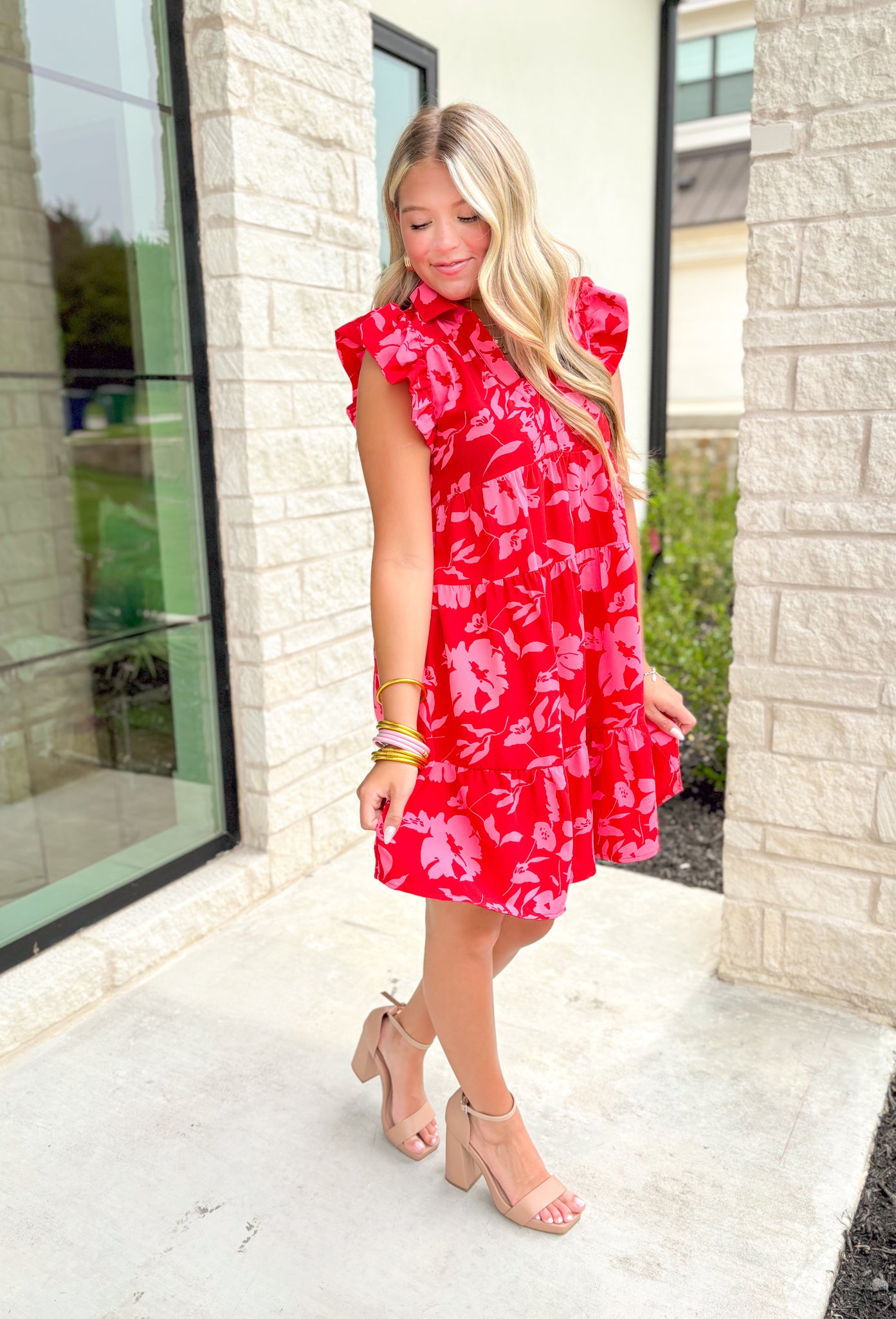 Feeling Flirty Floral Dress in Red, ruffle sleeve tiered dress in red with a bright pink floral print, collar and v-neck