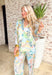 Find Your Paradise Set, silky long sleeve button down and wide leg pant set with elastic waistband, beach scene in the colors teal, green, orange, forest green, yellow, tan, coral, orange, kelly green, and white
