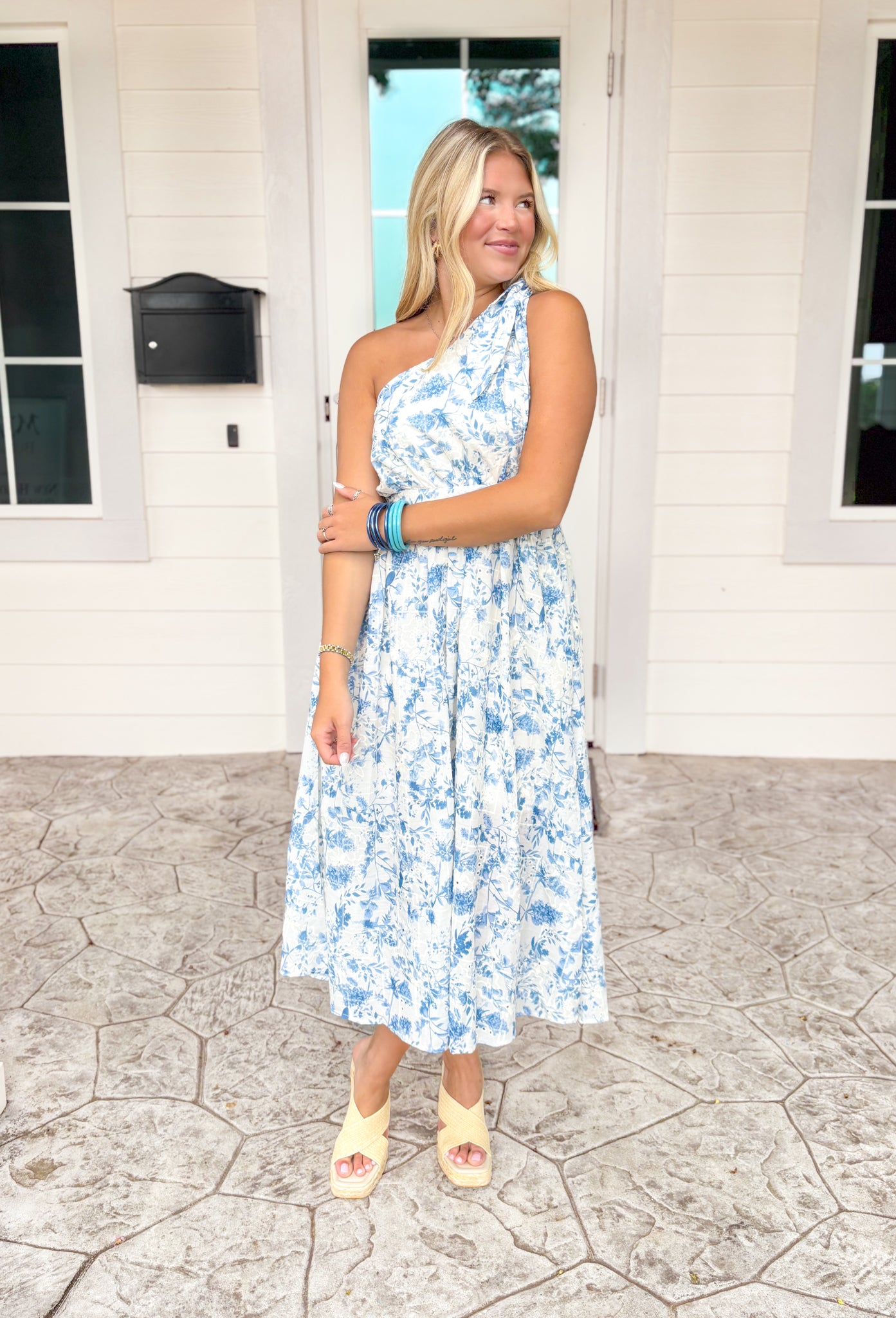 French Countryside Floral Midi Dress, light blue and white floral one shoulder midi dress, cinching at the waist, zipper on the side 