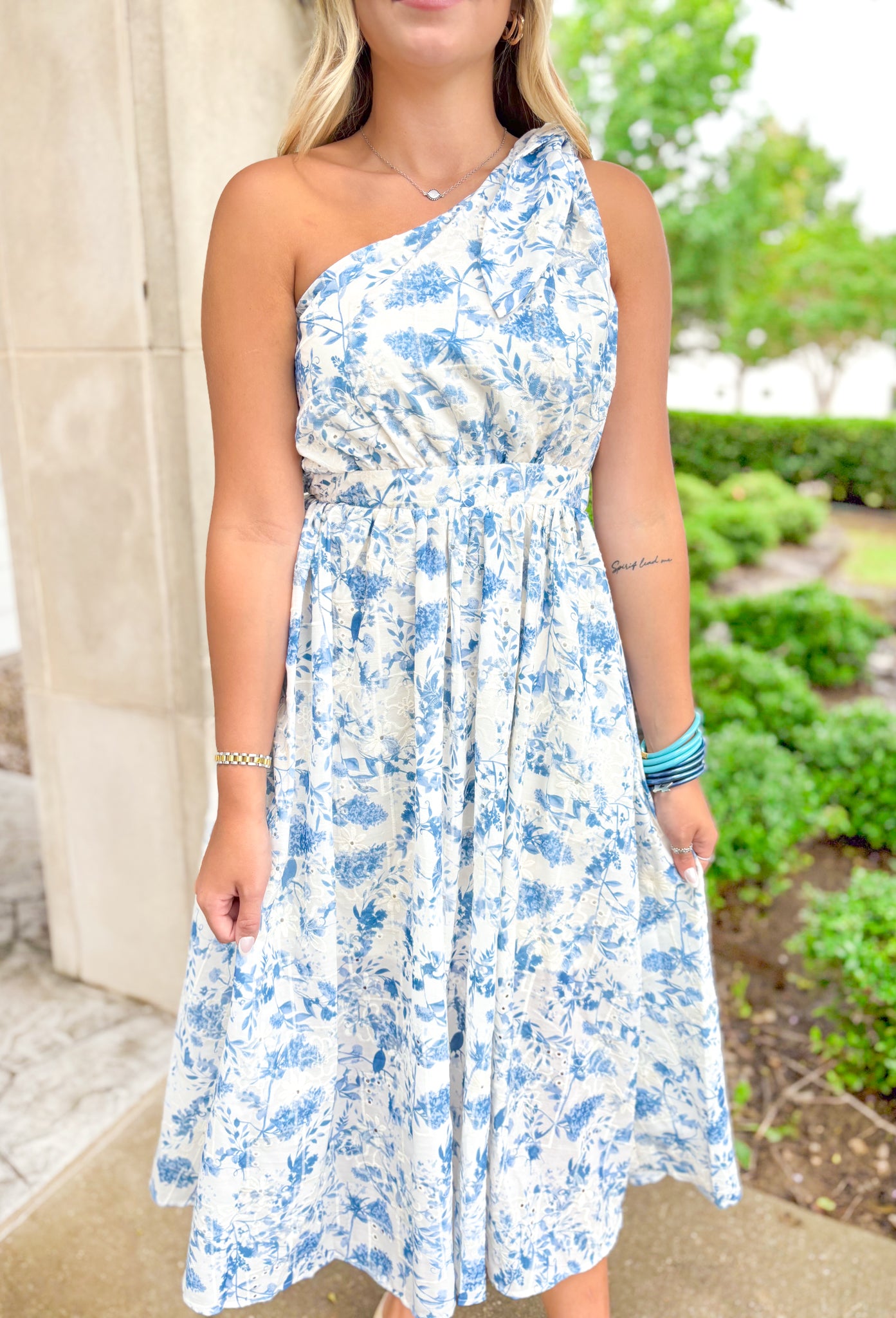 French Countryside Floral Midi Dress, light blue and white floral one shoulder midi dress, cinching at the waist, zipper on the side 