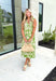 French Riviera Midi Dress, sleeveless midi dress in a lime green with creamy floral pattern, ruffling around the neck, v-neck, tiering 