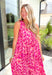 Island Hopping Maxi Dress, hot pink, pink, fuchsia, coral, and off white abstract pattern sleeveless dress with tiering and small v-neck