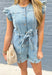 Keep Them Talking Denim Romper, ruffle sleeve button down denim romper with pockets and tie details at the waist 