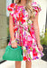 Lost In Love Floral Dress, red, pink, purple, fuchsia, green, and cream floral dress braided rope belt with square neck line, tiering, and flutter sleeves 