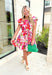 Lost In Love Floral Dress, red, pink, purple, fuchsia, green, and cream floral dress braided rope belt with square neck line, tiering, and flutter sleeves 