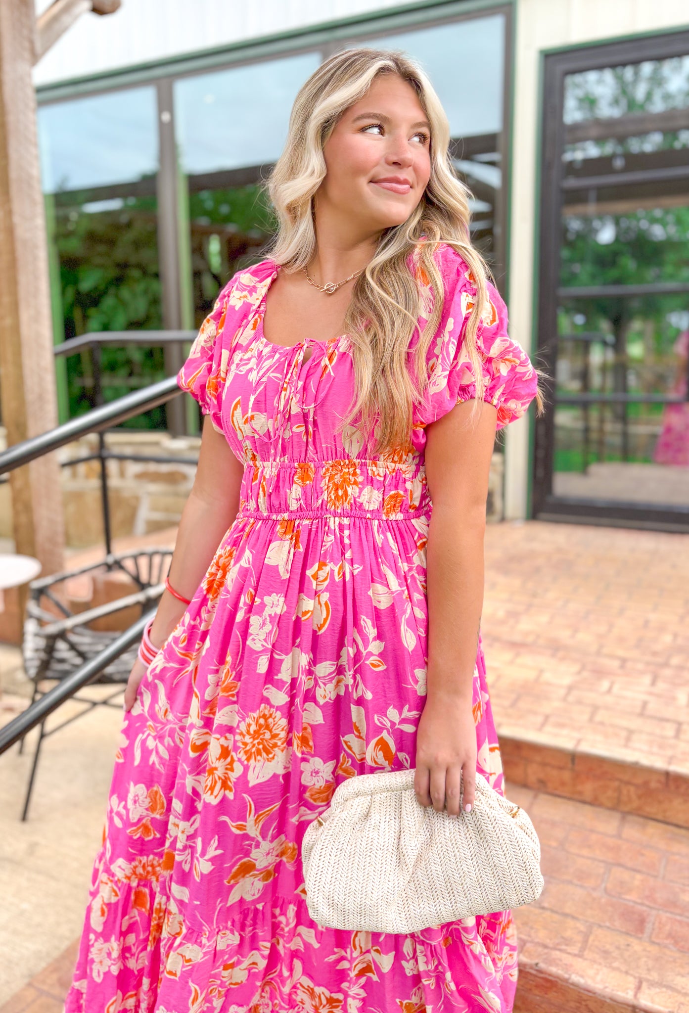 Love At First Sight Floral Maxi Dress, bright pink puff sleeve floral maxi dress with cinching at the waist and tie detail at the center of the chest 