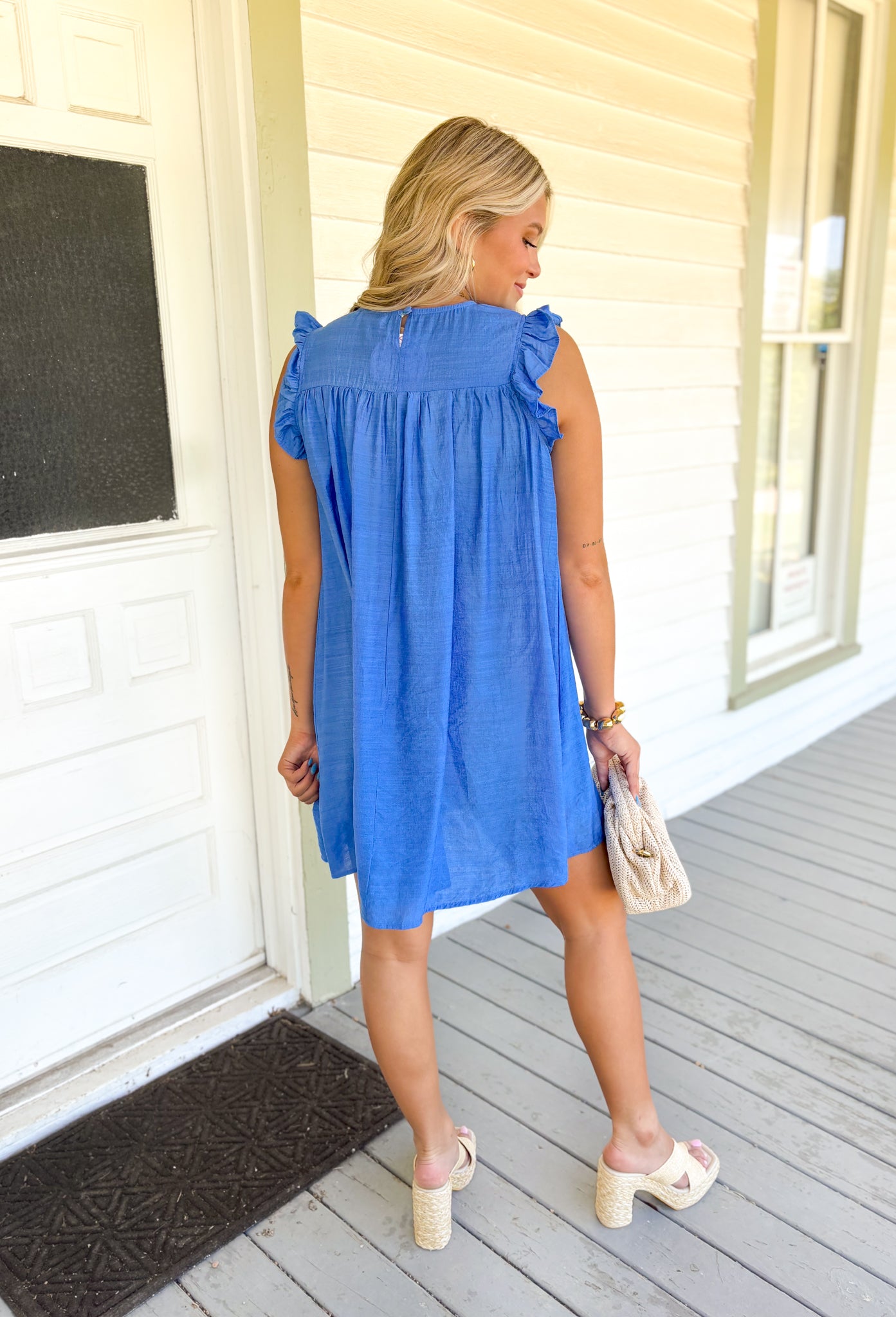 Make A Wish Dress in Crystal Blue, ruffle sleeve dress with cinching on the chest in a bright blue shade 