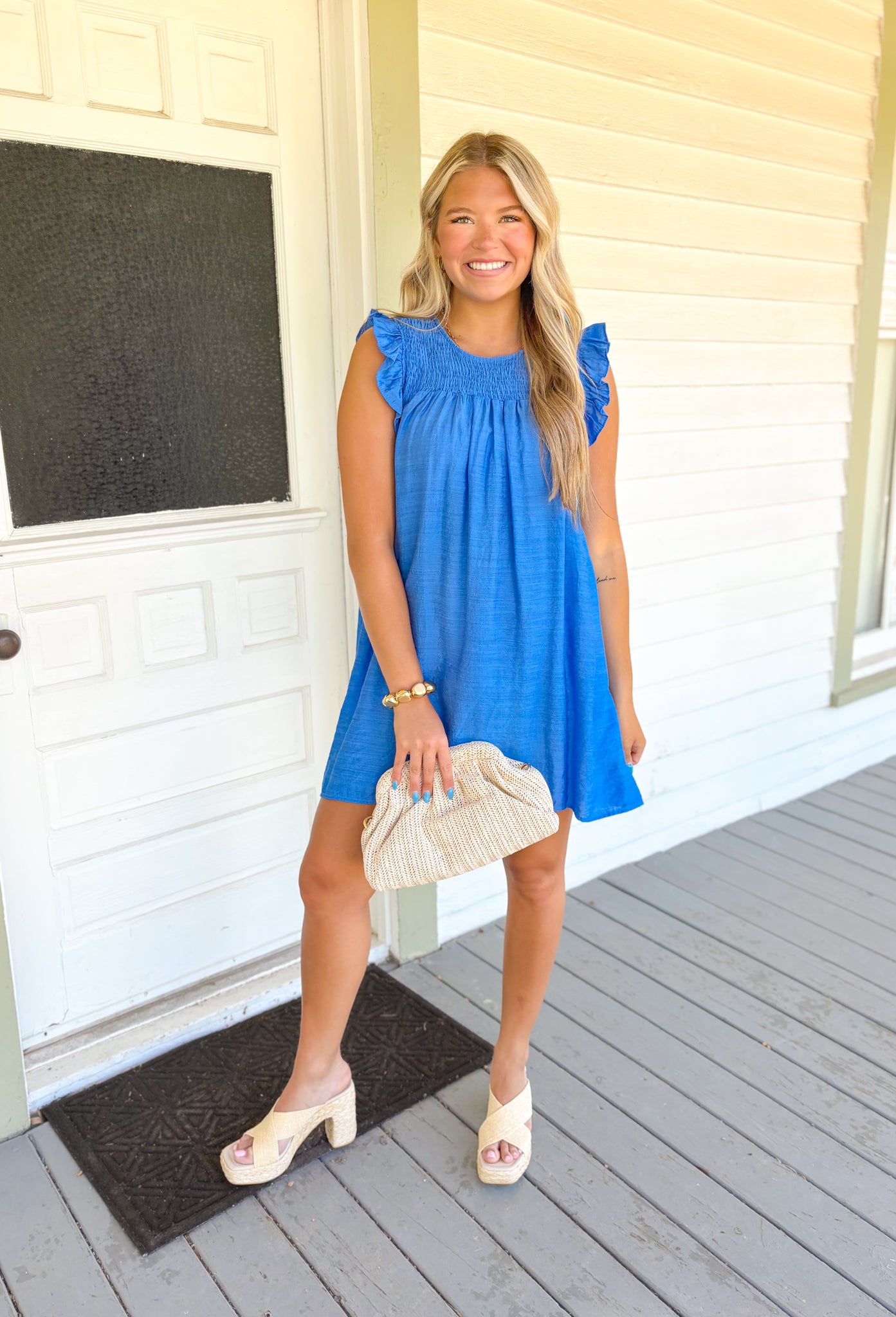 Make A Wish Dress in Crystal Blue, ruffle sleeve dress with cinching on the chest in a bright blue shade 