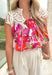 New Perspective Floral Top, pink, magenta, red, purple, green, and cream floral blouse with white lace shoulder details