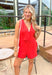 Picnic On The Beach Romper, sleeveless v-neck red romper with pocket, seam details on the chest, waist, and pockets