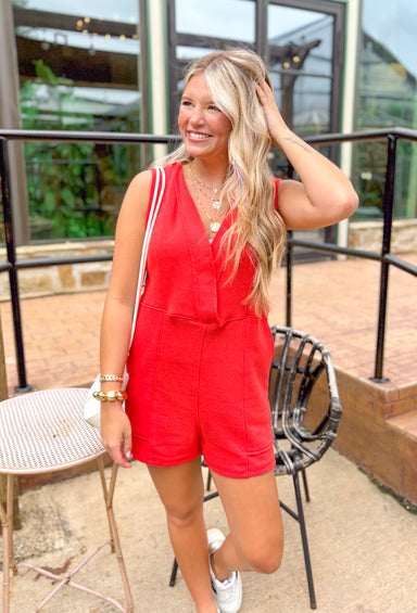 Picnic On The Beach Romper, sleeveless v-neck red romper with pocket, seam details on the chest, waist, and pockets