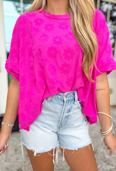 Ready Or Not Floral Top, hot pink t-shirt with terry cloth flowers scattered across the blouse 