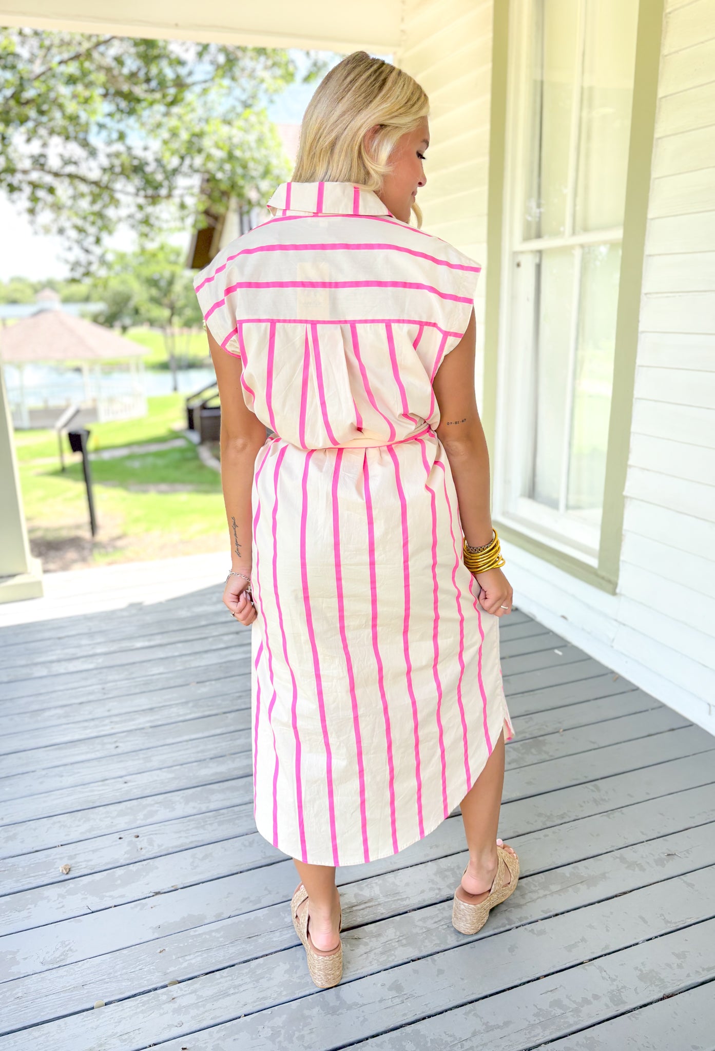 Remember When Midi Dress, cap sleeve button down collared dress with tie around the waist, cream dress with hot pink vertical stripes 
