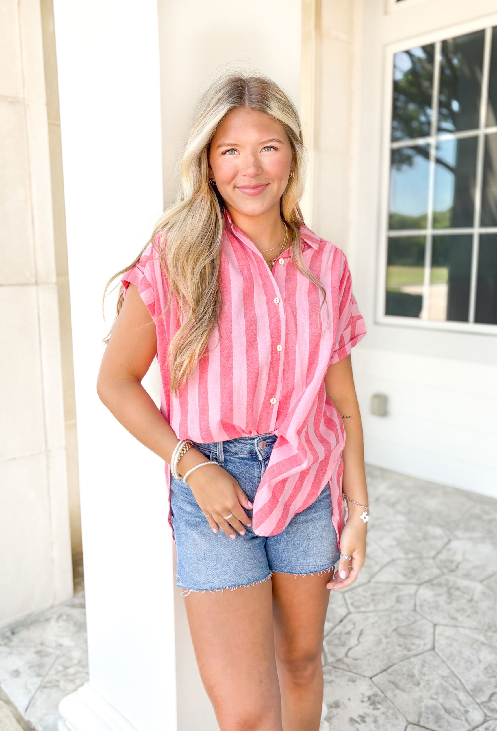 Round Trip Ticket Button Up Top, hot pink and light pink vertical striped short sleeve button down 