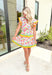 Springtime Chic Floral Dress, light pink, bubble gum pink, yellow, orange, and light blue tulip printed dress, rikrak on the two tiers of the dress as well as the ruffle sleeves in the color yellow and green