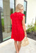 Stay Here Awhile Dress, ruffle sleeve v-neck red dress with over lay that has circle lace cut outs, dress has raw hemline and some seam distressing on the chest 