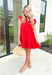 Stay Here Awhile Dress, ruffle sleeve v-neck red dress with over lay that has circle lace cut outs, dress has raw hemline and some seam distressing on the chest 