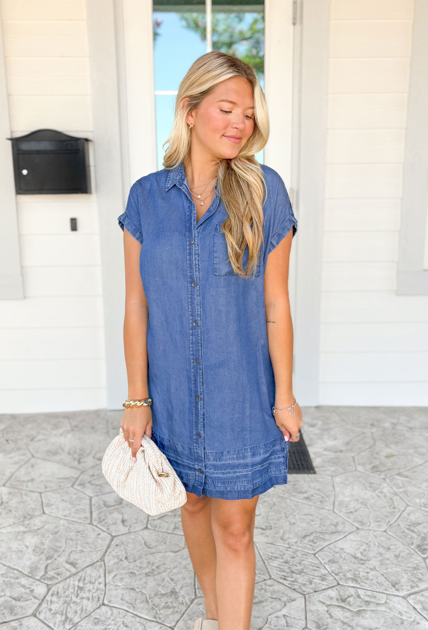 Take Your Time Dress, short sleeve denim button down dress in a medium wash with collar and front pocket on the left side of the chest