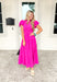 Take It To Heart Midi Dress in Magenta, short puff sleeve midi dress with cinching on the waist, v-neck with ruffling on the neck line, and tiering down the dress