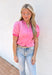 Up For Anything Top, bubblegum pink quarter button down blouse with cinching on the hem of the sleeves and one front pocket