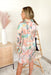 Vivid Views Dress, silk long sleeve button up dress with coastal graphics printed on the dress, colors are green, turquoise, coral, terracotta, cream, and tan
