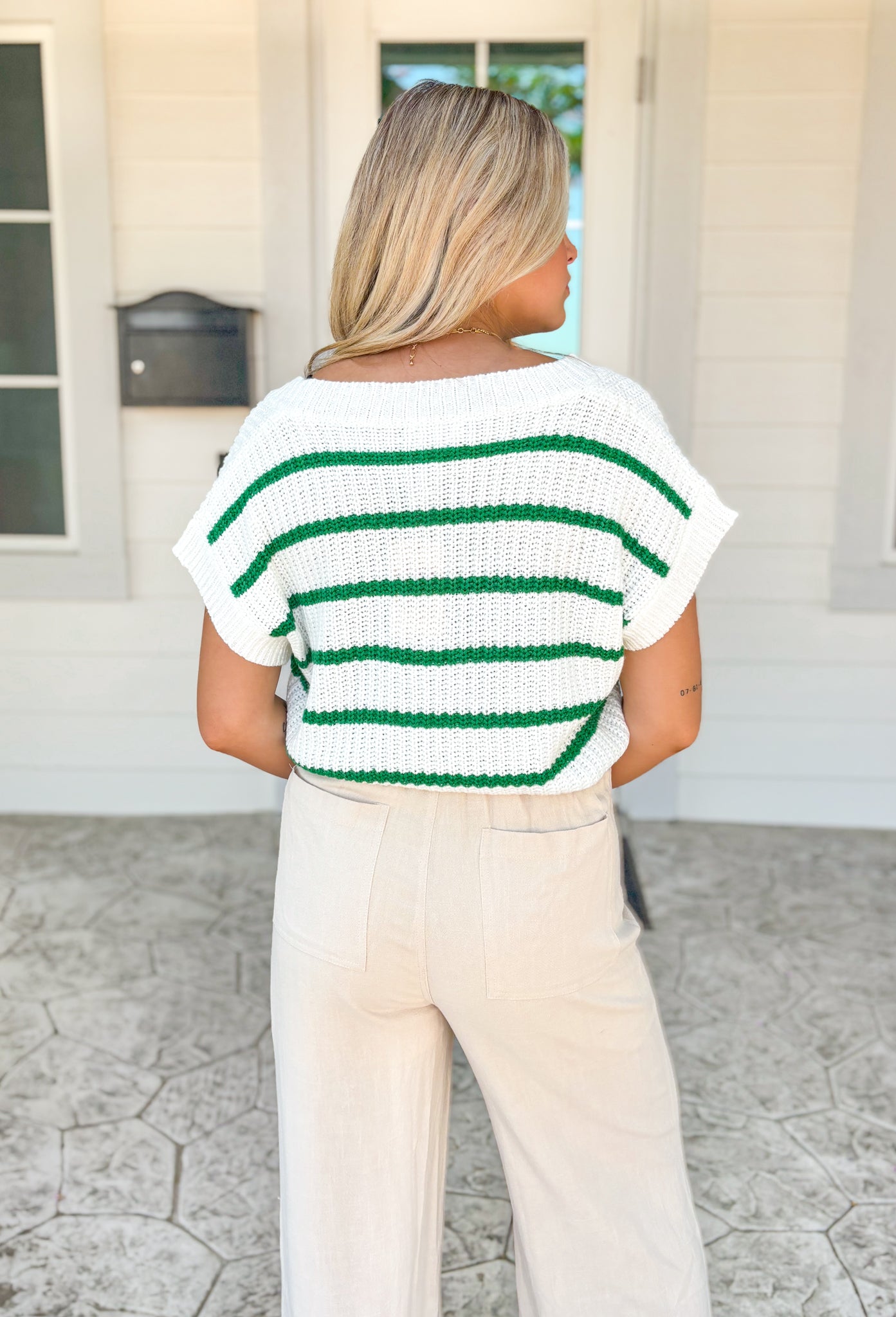 Wait For Me Knit Sweater, off white and kelly green horizontal striped wide v-neck sweater top 