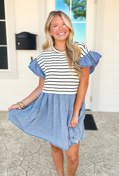 Wish You Were Here Dress, flutter sleeve pleated denim dress with pockets and black and white striped sweater vest overlay