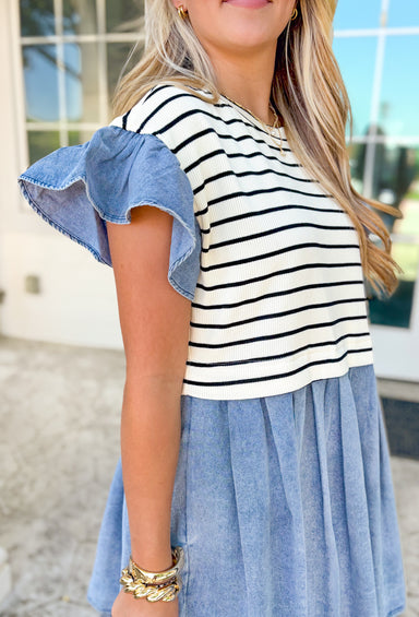 Wish You Were Here Dress, flutter sleeve pleated denim dress with pockets and black and white striped sweater vest overlay
