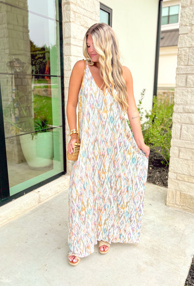 Island Breeze Maxi Dress, Colorful abstract print maxi dress, Features spaghetti straps and pockets