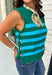 Classic stripes get a bold fall refresh with this cozy sleeveless sweater! Featuring a rich pine green knit with vibrant blue stripes, this sleeveless top is an easy way to add color to your seasonal wardrobe. Functional gold button closures along the sides add a unique, elevated touch, while the ribbed crew neckline and hem give it a timeless finish.