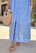 A statement piece with a touch of whimsy, this light blue midi dress is designed to turn heads. Short puff sleeves and a flattering stitch-accent v-neckline pair beautifully with a defined waistband, while the embroidered skirt hem adds that extra bit of charm. The zipper front closure offers a modern twist, and the smocked waistband at the back ensures all-day comfort. This is perfect for any spring occasion!