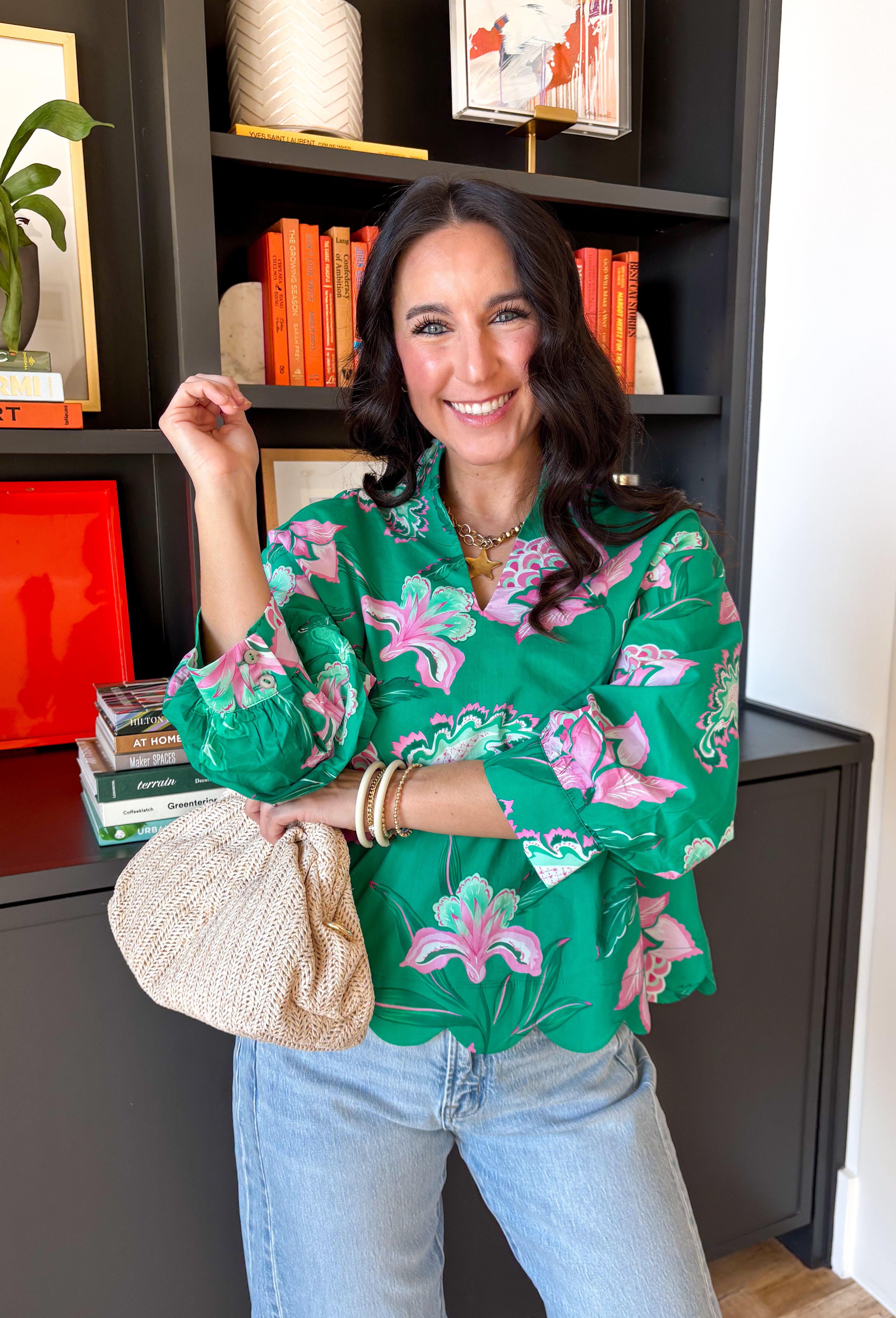Fresh, colorful, and effortlessly pretty, this green long sleeve top by Entro is a perfect spring staple. Featuring a cheerful floral print in pink and white, it adds a bright pop of color while still feeling light and wearable. The v-neck band collar gives it a clean, polished look, while the scalloped hem adds a sweet, feminine finish. Buttoned cuffs complete the look, making this top easy to dress up or wear casually all season long.